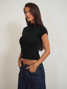 Aloruh Women's Elegant Mock Neck Cap Sleeve Fitted Cropped Short Sleeve Knit Sweater Top - Black - View 5