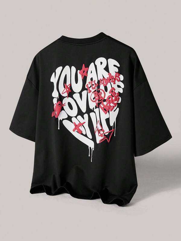 TOKVUE Men's Oversized Heart Print T-Shirt With The Slogan "You Are Love Of My Life" To Express Love.,Valentine's Day,Spring To Summer,Gift For My Boyfriend,Mardi Gras,Vintage,Streetwear,Party,St Patrick's Day,Going Out