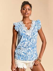 Travachic 女士印花装饰V领短袖时尚衬衫，适合度假休闲场合，夏季假期、春假、派对、海滩、春季、情人节、女士情人节、狂欢节服装，优雅、印花、狂欢节、春夏、派对、夏季上衣、情人节上衣、婚礼宾客上衣、生日上衣、派对上衣、优雅女士上衣、印花上衣、夏季上衣、狂欢节服装、墨西哥风情波西米亚风女士上衣 - 藍白色 - 查看 6