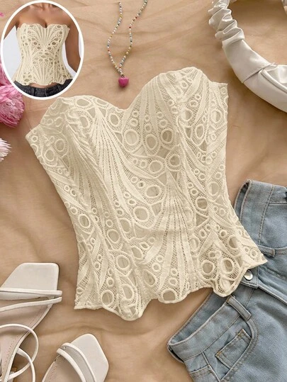 Soleia Top ajustado de corsé con capas de encaje con hombros descubiertos, estilo de vacaciones sexy y vanguardista, body bordado hueco, adecuado para salir de noche, invitado de boda, otoño