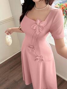 Feyla 优雅3D立体花卉收腰A字连衣裙 - 粉色 - 查看 3