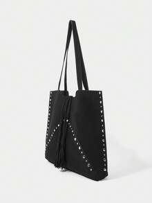 SHECARRY Ladies Large Capacity Suede Rivet Trim Shoulder Tote Bag - Black - View 2