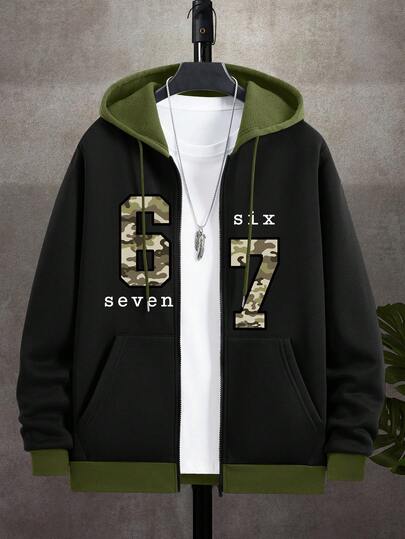 Manfinity Dauomo Men's Outdoor Jacket, Autumn/Winter New Arrival Outerwear, Digital 6.7 Camouflage Print Design, Black, Green, Street Photography Inspired, Versatile, Casual Sports, Hooded Zip-Up Sweatshirt