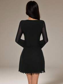 SHEIN PETITE Women's Solid Mesh Bell Sleeve Mini Dress - Black - View 2