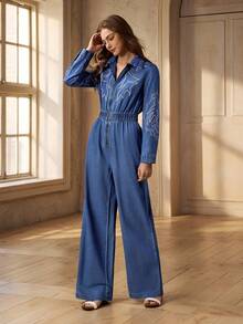 Selenza Women's Embroidered Zip-Up Casual Versatile Long Sleeve Denim Jumpsuit - Blue - View 1