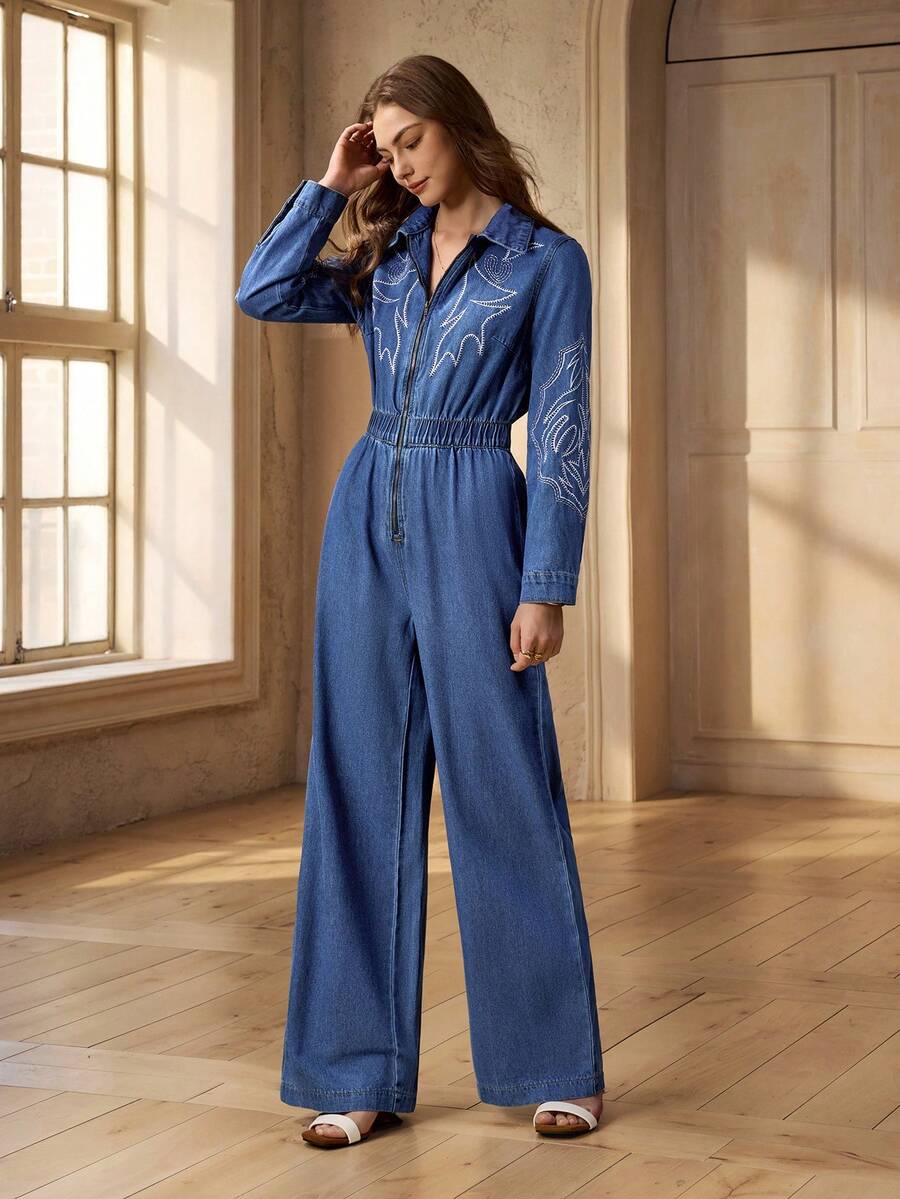 Selenza Women's Embroidered Zip-Up Casual Versatile Long Sleeve Denim Jumpsuit - Blue - View 1