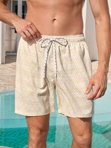 Manfinity VDAYZ 1件男士夏季度假风锯齿印花抽绳腰斜插口袋宽松沙滩短裤 - 米色 - 查看 2