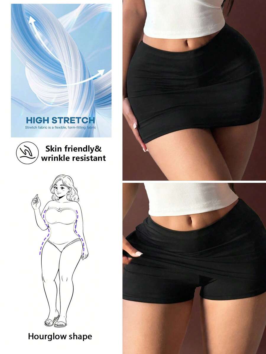 Hourglow 大码性感纯色修身迷你裙，夏季 - 黑色 - 查看 1