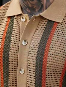 Manfinity Homme Men's Striped Short Sleeve Single-Breasted Casual Lightweight Cardigan Mens Stripe Shirt Men Knitted Button Up Crochet Men Shirt Apricot Shirt For Men Men Retro Shirt - Multicolor - View 7