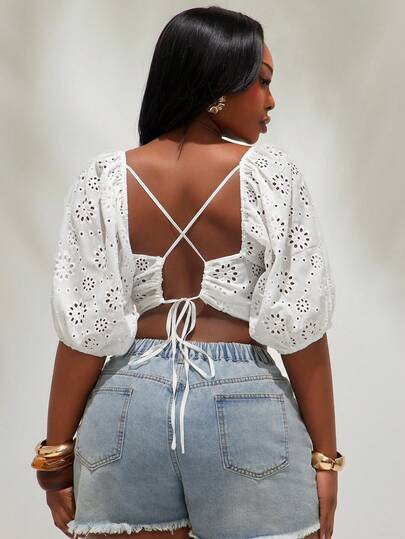 Radiana Blusa corta con mangas abullonadas, escote en V, unicolor, cruzada en la espalda, apropiada para uso diario, festivales de música, conciertos, fiestas de carnaval, vacaciones en la playa, citas, cumpleaños, despedidas de soltera, clubes, estilo casual y elegante, compras, uso diario, resalta la figura, talla grande, para mujer, primavera/verano