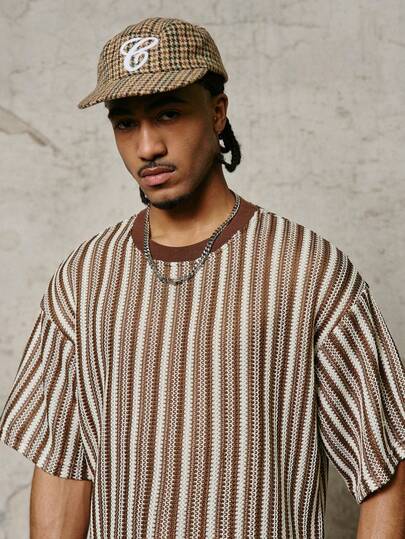 PAVTROS 男士休闲街头条纹印花圆领短袖T恤，男士纹理提花面料三色条纹T恤（棕色、咖啡色和白色），情人节、春夏、送男友的礼物、狂欢节、复古、街头服饰、派对、圣帕特里克节、外出