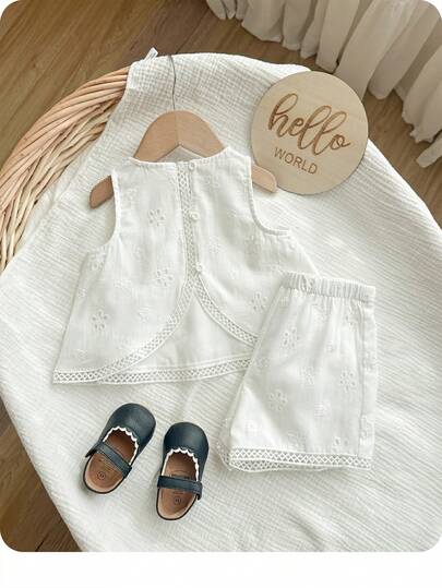 Babygirl Summer Cute Vacation Embroidered Hollow-Out Lace Patchwork Sleeveless Top And Elastic Waist Shorts Set