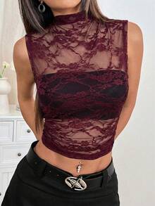 SHEIN EZwear Áo kiểu nữ phối ren cổ đứng, gợi cảm, đa năng, phù hợp cho hẹn hò và đi chơi. - Màu Đỏ Sâu - Xem 6