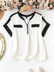 SHEIN CURVE+ Blusa de mujer talla grande sin cuello con bloques de color, para verano - Blanco y Negro - Ver 1
