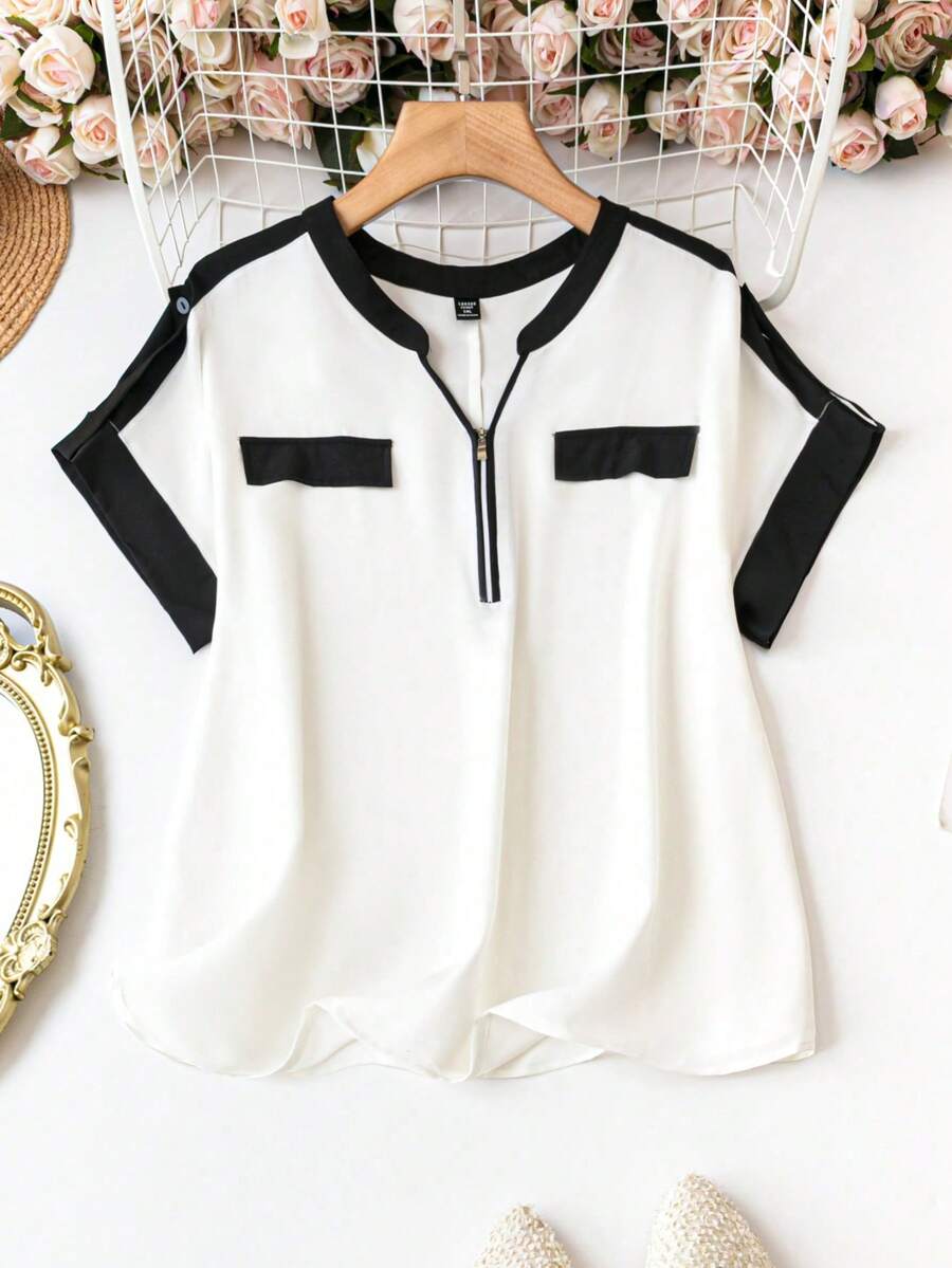 SHEIN CURVE+ Blusa de mujer talla grande sin cuello con bloques de color, para verano - Blanco y Negro - Ver 1