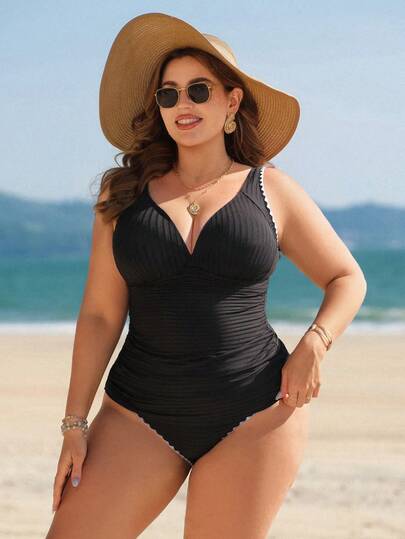 Swim Lushoire Plus Size Women's 2-Piece Black Deep V Neck Ruched Top & High Waist Ruched Pants 3-Piece Beachwear Set