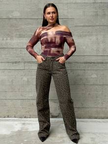 Women's Summer Tie Dye Printed Asymmetrical Collar Ruched Slim Fit Bodysuit - Brown - View 4