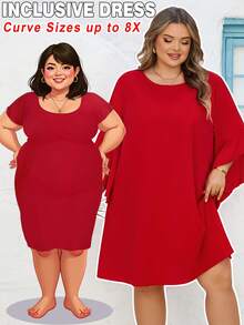 SHEIN CURVE+ Curve 尺码 US22 音乐节、海滨度假、波西米亚风 CURVE PLUS / / 女士圆领蝙蝠袖红色 A 字及膝中袖通勤春夏轻薄连衣裙 - 紅色 - 查看 7