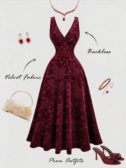 SHEIN MOD Plus Size Burgundy V-Neck Vintage Velvet Embossed Long Dress, Spring/Summer Ballroom Party Dress
