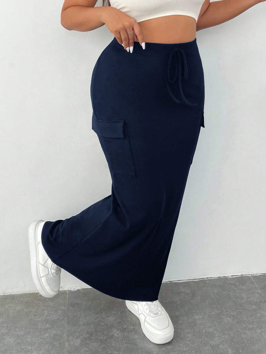 SHEIN EZwear 大码女式实用口袋休闲及膝半身裙,藏蓝色 - 藏蓝色 - 查看 1