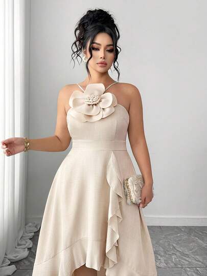 Elenzga Đầm midi dáng chữ A không tay, màu mơ nhạt, họa tiết hoa 3D, không tay, viền bèo nhún bất đối xứng, ôm eo, tôn dáng, thanh lịch và tinh tế, thích hợp cho: Tiệc chiêu đãi/liên hoan, đám cưới, lễ hội âm nhạc, triển lãm nghệ thuật, tiệc tùng, sự kiện kinh doanh
