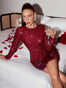 Lavishia Sequin Knit Bodycon Dress, Suitable For Valentine's Day, Party, Date Night - Burgundy - View 1