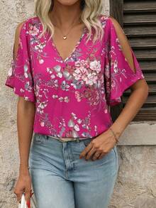 SHEIN Clasi Women's V-Neck Floral Print Ruffle Sleeve Split Hem Blouse - Hot Pink - View 4