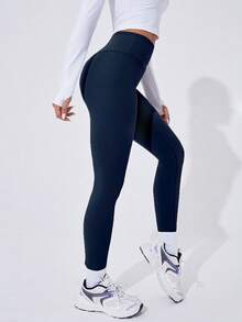Easithlete Pantalones de yoga para mujer con cintura ancha de unicolor y versátil para uso casual - Azul Marino - Ver 7