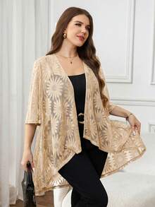 Reflora Plus Size Women Black Lace 3/4 Sleeve Loose Front Coat, Elegant Concert, Spring/Summer In Fall/Winter - Apricot - View 4