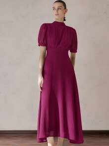 Aveloria Modichic Đầm chiffon thanh lịch dành cho nữ với thiết kế xếp ly ở phần ngực, tay áo kiểu công chúa, thắt eo, chân váy xòe, kiểu dáng tối giản và đa năng, phù hợp cho công sở, dài đến đầu gối. - Màu Đỏ Sâu - Xem 5