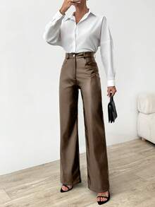 EURMUSE Quần giả da dáng rộng, cạp cao, khóa kéo, sang trọng - Màu nâu  Mocha - Xem 6