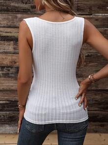 SHEIN LUNE 女士夏季度假纯色纽扣装饰褶皱修身吊带背心可爱白色上衣白色上衣女士白色上衣女士白色针织上衣夏季上衣女士针织上衣性感白色上衣V领上衣夏季休闲上衣女士罗纹V领上衣女士夏季服装无袖纽扣细节上衣女士休闲上衣优雅 - 白色 - 查看 2