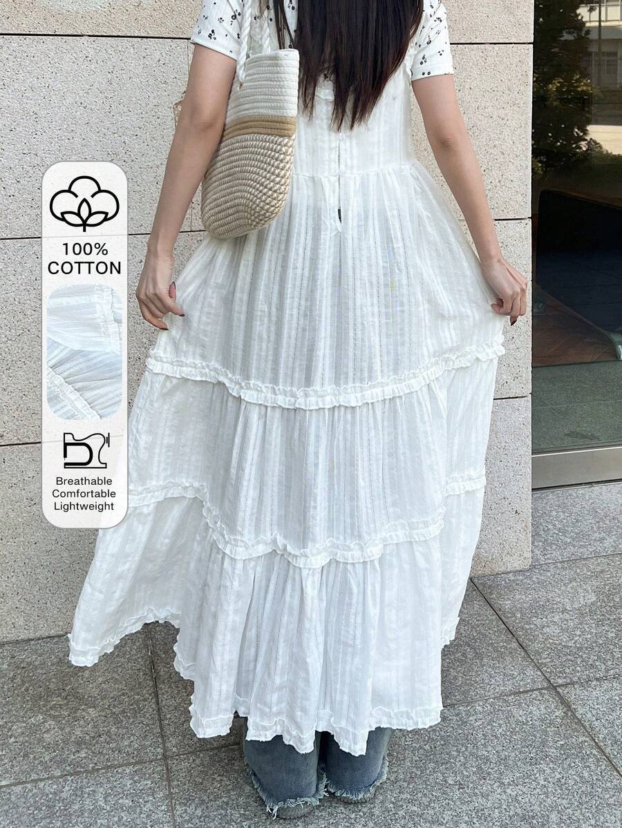 FRIFUL 女士纯色棉质宽松休闲连衣裙，配有可调节肩带和荷叶边装饰，百搭春季装扮、婚礼宾客礼服、夏季吊带裙 - 白色 - 查看 1