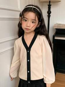 DAZY Young Girl Contrast Color V-Neck Lantern Sleeve Single-Breasted Casual Shirt - Apricot - View 7