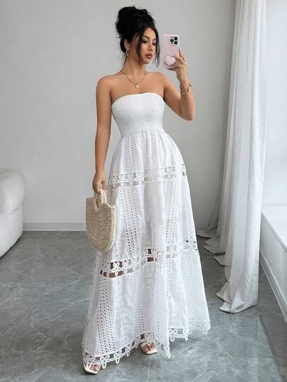 Breezaya Petite Hollow-Out Embroidered Fabric Patchwork Hollow-Out Embroidered Lace Solid Color Fitted Strapless Backless Gathered Waist Super Flared Hollow-Out Lace Patchwork Festival Holiday Wedding Party Sexy Elegant Romantic Luxurious Casual Spring/Summer Maxi Dress For Women