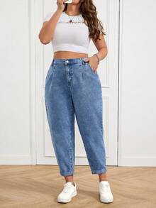 SHEIN CURVE+ 大码女式休闲高腰斜插口袋修身牛仔裤，百搭实用，适合日常通勤、春夏季节、情人节、嘉年华、毕业季、时尚Y2K风、可爱街头风、派对、婚礼、优雅商务休闲等场合。舒适宽松的蓝色弹力水洗牛仔裤，专为女性设计。 - 藍色 - 查看 5