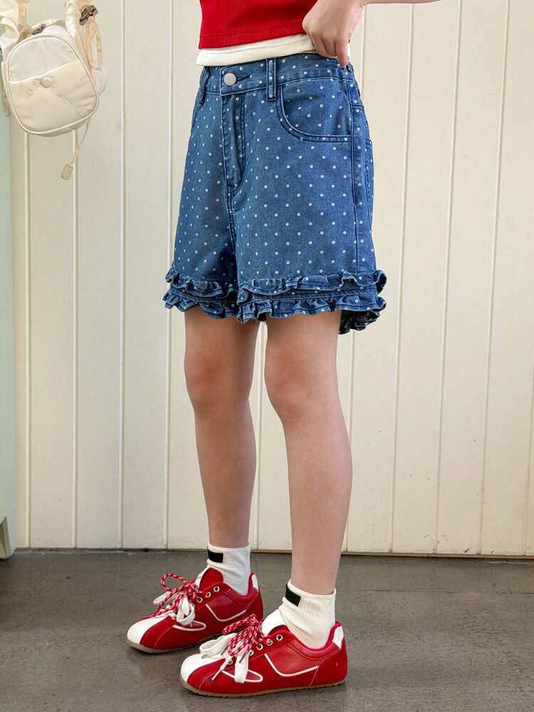 Tween Girls' Polka Dot Print Denim Shorts, Fall Summer