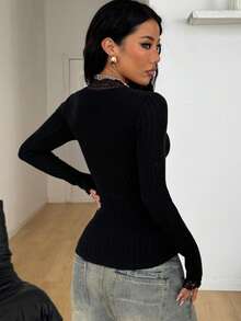 Coolane Women's Fall/Winter Y2K Daily Wear Casual Elegant Rib Knit Lace Patchwork Stretchy V-Neck Long Sleeve T-Shirt - Black - View 7