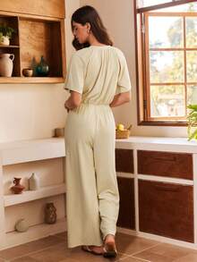 波西米亚风针织提花女士连体裤家居服 - 酒紅色 - 查看 2