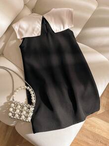 Elladie kids 1件女童夏季新款雪纺面料黑色领蝴蝶结杏色A字连衣裙，简约百搭优雅休闲款式，适合外出、度假、通勤。 - 黑色 - 查看 2