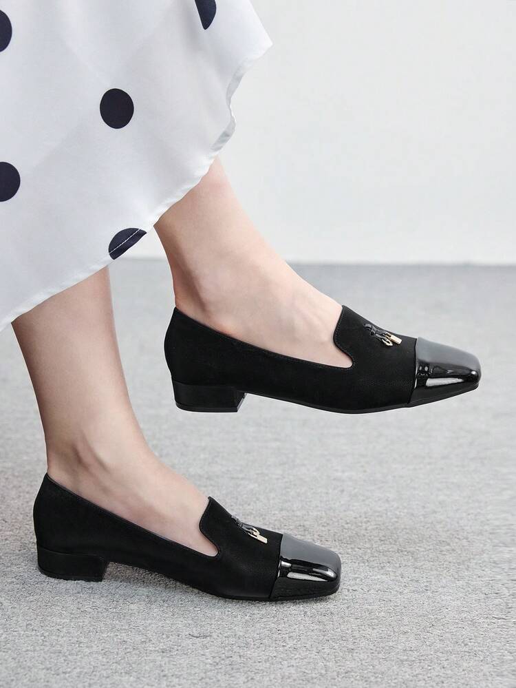 CUCCOO BIZCHIC Women Shoes Women's Fashion Square Toe Low Coarse Heel Black Basic Simple Commuter Versatile Women's Flat Shoes Women's Shoes Valentine's Day Spring Shoes