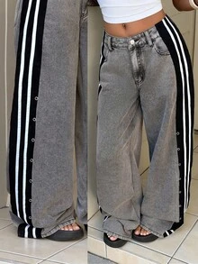 StreetHx Quần jeans ống rộng dáng suông kẻ sọc bên hông dành cho nữ - Xám - Xem 8
