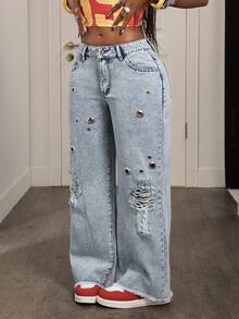 BamGleam Women's Casual Versatile Pocket Button Eyelet Distressed Wide Leg Jeans, Suitable For Daily Wear - Light Wash - View 3