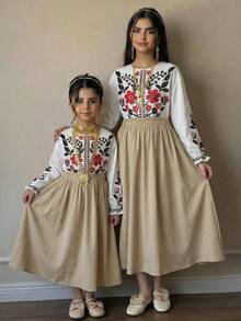 Teen Girl Spring/Summer Casual Vacation Fashion Faux Embroidered Large Floral Print Pullover Long Sleeve Top White Shirt + Khaki Umbrella Skirt Set Woven Outfit KIDS - White - View 1