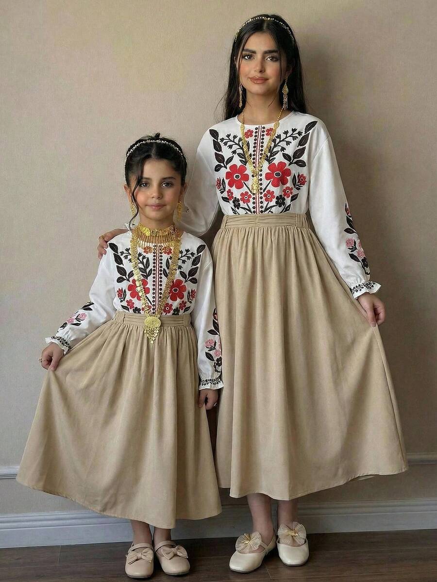 Teen Girl Spring/Summer Casual Vacation Fashion Faux Embroidered Large Floral Print Pullover Long Sleeve Top White Shirt + Khaki Umbrella Skirt Set Woven Outfit KIDS - White - View 1