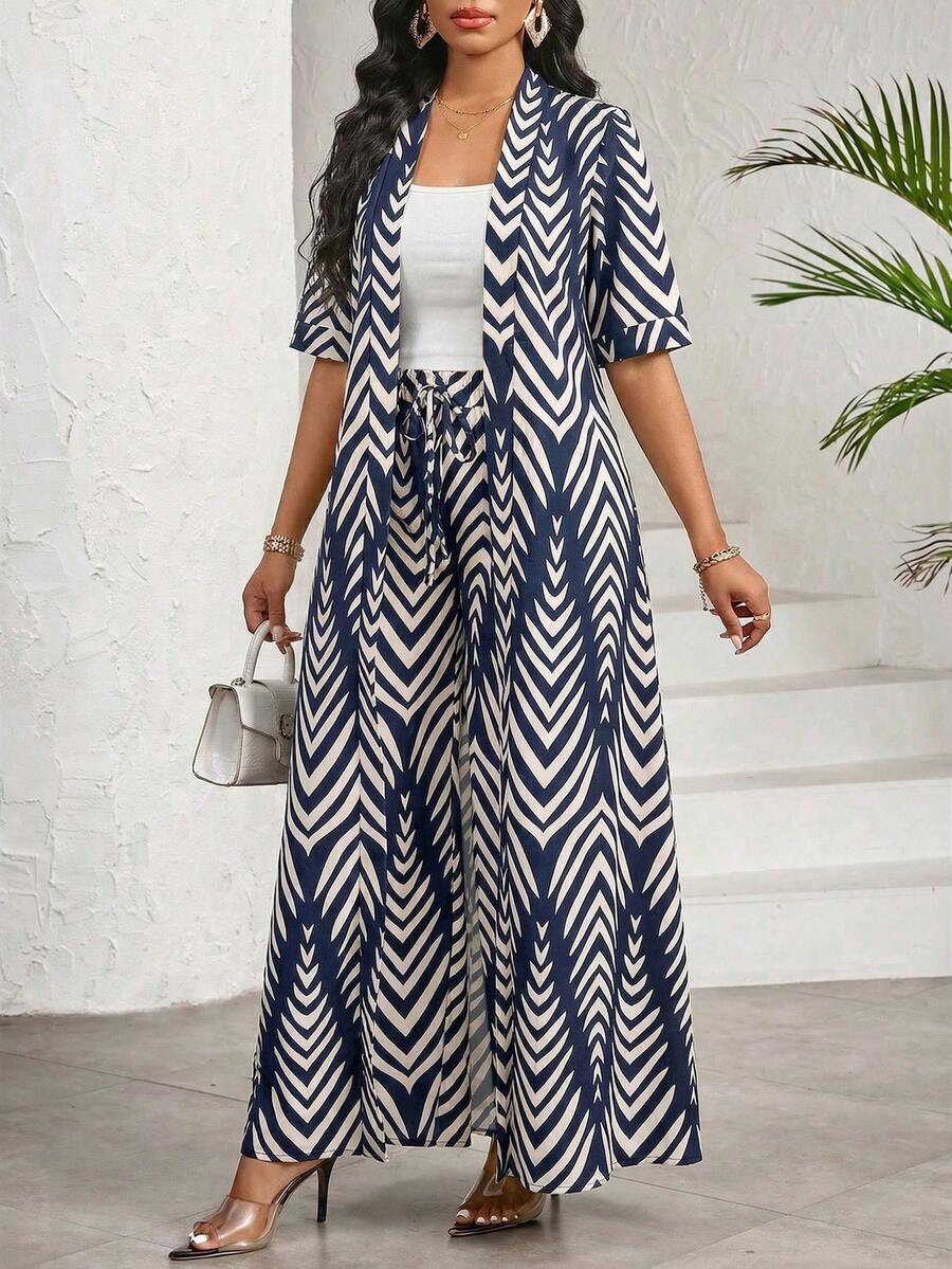 SHEIN Lady Women's Summer Vacation All-Over Print Short Sleeve Shirt And Wide Leg Pants 2 Pieces Set - Navy Blue - View 1