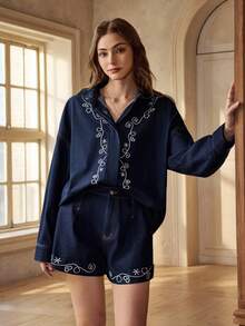 Selenza Women's Casual Embroidered Long Sleeve Denim Shirt, Suitable For Daily Commute And Vacation, Spring/Autumn - Dark Wash - View 5