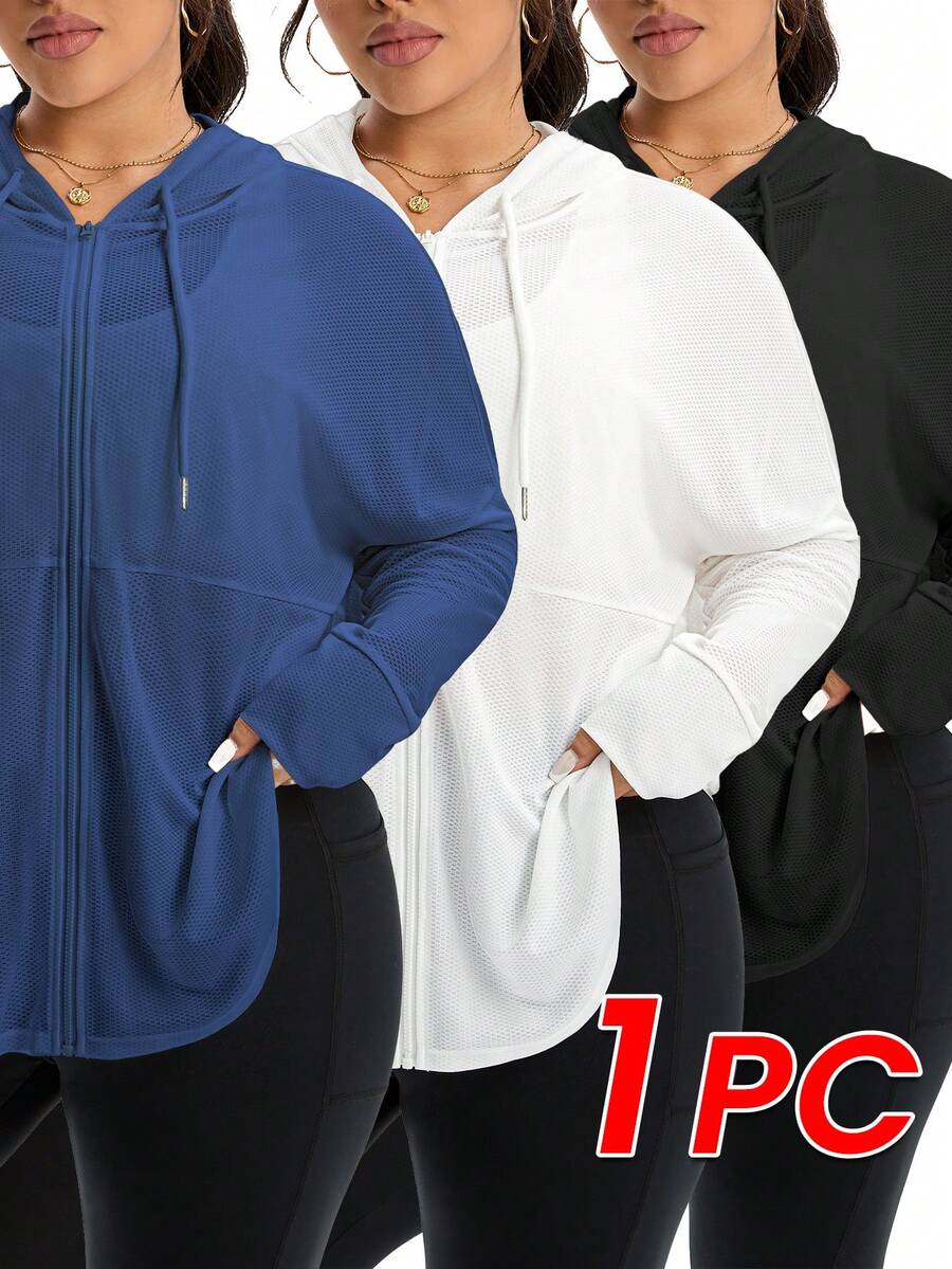 Rhythm Era Jaqueta Esportiva com Capuz e Cordão Embutido, Cor Sólida, Casual, Plus Size para Mulheres, Jaquetas Plus Size Athleisure, Moletons Plus Size para Mulheres, Roupas Esportivas Plus Size para Mulheres - Azul Marinho - Visão 1