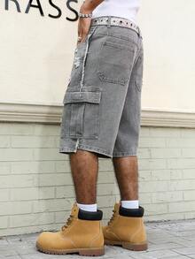 Manfinity EMRG Men's Casual Distressed Frayed Hem Grey Denim Shorts - Dark Grey - View 3