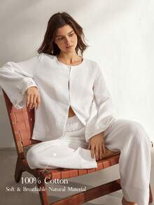 Ocili 100%纯棉舒适波西米亚刺绣贝壳纽扣长袖休闲女式睡衣套装 - 白色 - 查看 1